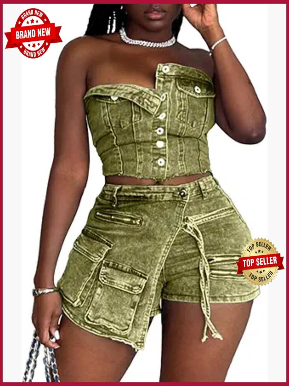 Women's Denim 2 Piece Outfit Tube Top and Cargo Shorts Set Summer Sexy Tracksuit